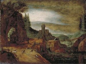 A Mountainous River Landscape With Herdsmen Resting On A Path, A Fortified Dwelling Beyond