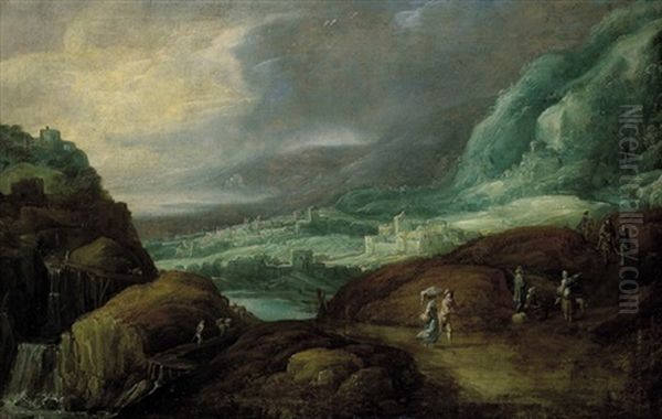 Weite Gebirgslandschaft Mit Einem Wasserfall, Einer Befestigten Stadt, Einem Kastell Und Reisenden - view 1