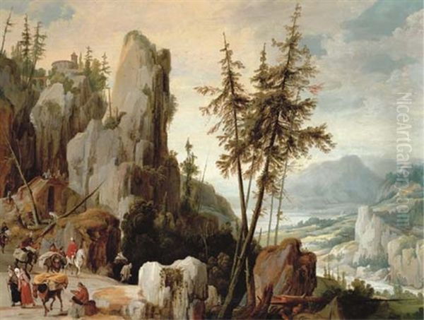 An Extensive Mountainous Landscape With Travellers On A Path - view 1