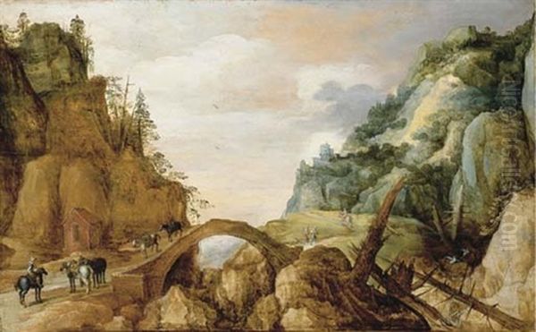 A Mountainous Landscape With Horsemen And Travellers Crossing A Bridge - view 1