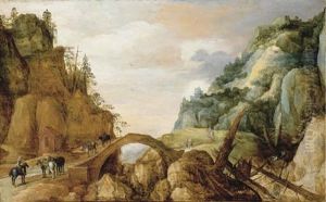 A Mountainous Landscape With Horsemen And Travellers Crossing A Bridge by Joos de Momper the Younger