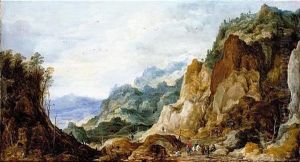 A Panoramic Mountainous Landscape With Journeymen Giving To The Poor, Packhorses Beyond A Panoramic Mountainous Landscape With Journeymen Giving To The Poor, Packhorses Beyond