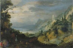 A Wooded Landscape With Travellers On A Path, Herdsmen Beyond And Mountains In The Distance