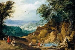 An Extensive Mountainous Landscape With Washerwomen And Other Figures Resting By A Waterfall by Joos de Momper the Younger
