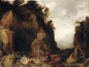 A Mountainous Landscape With Travellers And A Hermit Outside A Cave With A Waterfall
