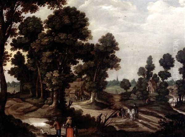 A Village Scene With A Family Walking On A Path In The Foreground - view 1
