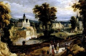 A Landscape With A Castle On A River And Figures Going About Their Daily Activities by Joos de Momper the Younger