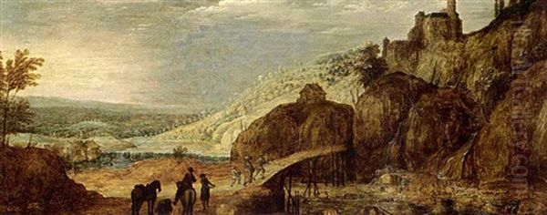 An Extensive Mountainous River Landscape With A Waterfall And A Horseman, Travellers And A Horse On A Wooden Bridge, A View Of A Fortified Castle On A Hill Top Beyond - view 1
