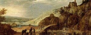 An Extensive Mountainous River Landscape With A Waterfall And A Horseman, Travellers And A Horse On A Wooden Bridge, A View Of A Fortified Castle On A Hill Top Beyond by Joos de Momper the Younger