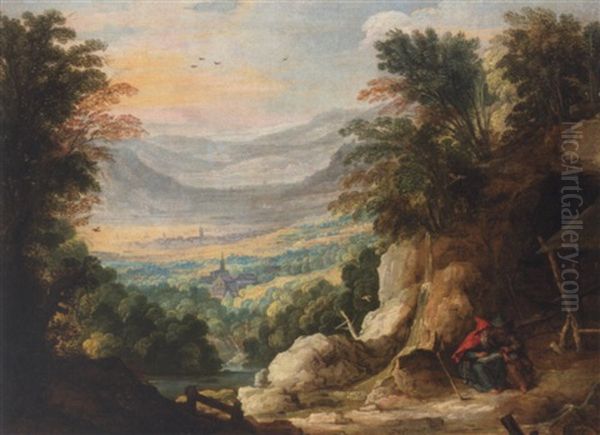 An Extensive Mountainous Landscape With Two Hermits Reading In The Foreground - view 1