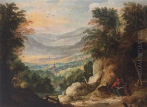 An Extensive Mountainous Landscape With Two Hermits Reading In The Foreground
