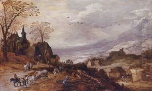 An Extensive Autumnal Landscape With Travellers On A Path By A Village, Woodcutters In The Foreground, A River Valley And Mountains In The Distance by Joos de Momper the Younger