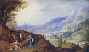 An Extensive Mountainous Landscape With An Angel Appearing To Hagar by Joos de Momper the Younger