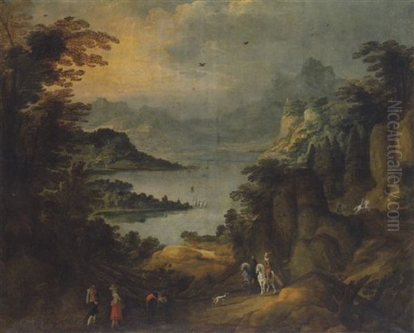 Promeneurs Au Bord D'un Lac, Dans Un Paysage Alpin - view 1
