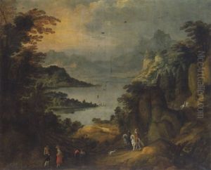 Promeneurs Au Bord D'un Lac, Dans Un Paysage Alpin Promeneurs Au Bord D'un Lac, Dans Un Paysage Alpin