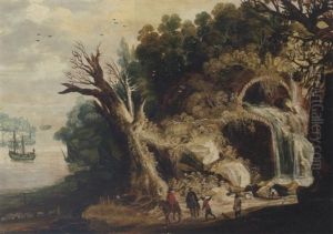 A Mountainous River Landscape With Travellers On A Track By A Waterfall by Joos de Momper the Younger
