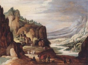 A Mountainous River Landscape With Travellers On A Path In The Foreground
