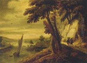 An Extensive River Landscape With Two Peasants On A Path by Joos de Momper the Younger