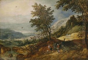 A Wooded Mountainous River Landscape With Travellers Conversing On A Path