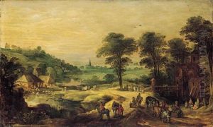 Extensive Landscape With Travellers On A Road Outside A Chateau With A Village Beyond