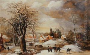 A Winter Landscape With A Muleteer And Villagers Conversing By His Train, Travellers By A House And Faggot-gatherers With Their Wagons On A Path, A Village By A River Beyond