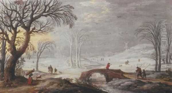 A Winter Landscape With Travellers And Peasants By A Bridge - view 1