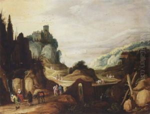An Extensive Mountain Landscape With Travellers Drinking From A Stream, A Bridge Beyond