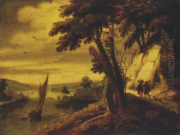 An Extensive River Landscape With Two Peasants - view 1