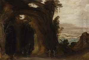 A Mountainous Landscape With Pilgrims At A Shrine In A Grotto