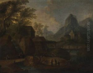 A Mountainous Wooded River Landscape With Anglers In The Foreground