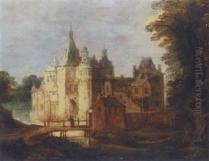 A Landscape With A Moated Castle And Figures On A Bridge