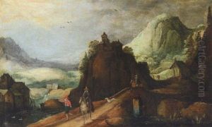 A Moutainous Landscape With A Horsemen On A Bridge A Moutainous Landscape With A Horsemen On A Bridge