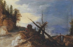 A Mountain Landscape With A Fallen Tree On A Path, A Bridge In The Distance