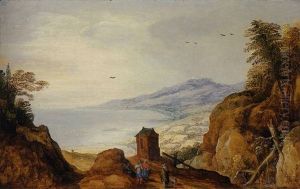 An Extensive Coastal Landscape With Peasants Conversing On A Hilly Path In The Foreground by Joos de Momper the Younger