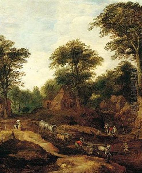 A Wooded Landscape With An Overturned Waggon On A Path Before A Village - view 1