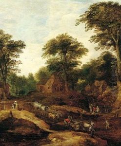 A Wooded Landscape With An Overturned Waggon On A Path Before A Village