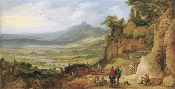 An Extensive Mountain Landscape With Travellers On A Road By An Inn - view 1