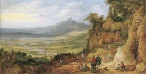 An Extensive Mountain Landscape With Travellers On A Road By An Inn by Joos de Momper the Younger