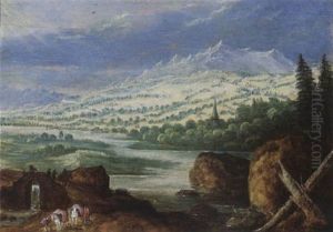 An Extensive Mountainous River Landscape With Travellers And Their Horses On A Path And A Bridge