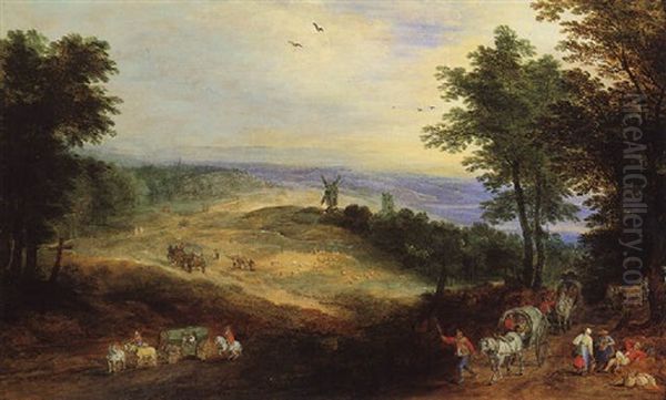 A Wooded Landscape With Travellers On A Track, A Windmill Beyond - view 1