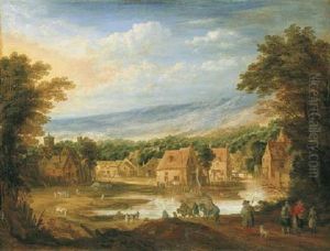 An Extensive River Landscape With Travellers Approaching A Village