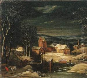 A Winter River Landscape With Travellers On A Track, A Village Beyond
