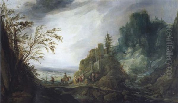Felsige Landschaft Mit Einem Wasserfall Und Figuren - view 1