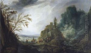 Felsige Landschaft Mit Einem Wasserfall Und Figuren by Joos de Momper the Younger