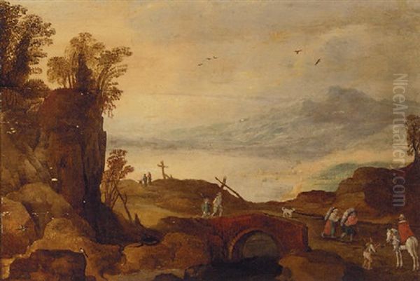An Alpine Landscape With Travellers On A Bridge - view 1