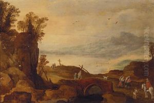 An Alpine Landscape With Travellers On A Bridge by Joos de Momper the Younger