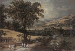 Summer: An Extensive Landscape With Harvesters Cutting A Cornfield And Travellers And Wagons On A Road, A Village Beyond by Joos de Momper the Younger