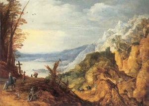 A Rocky Landscape With Travellers, A Lake And A Castle Beyond by Joos de Momper the Younger