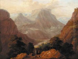 An Extensive Mountain Landscape With Shepherds On A Track