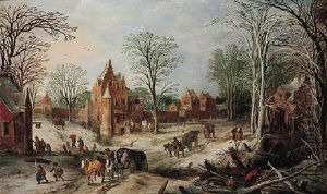 A Winter Landscape With A Cart On A Wooded Road And A Village Beyond